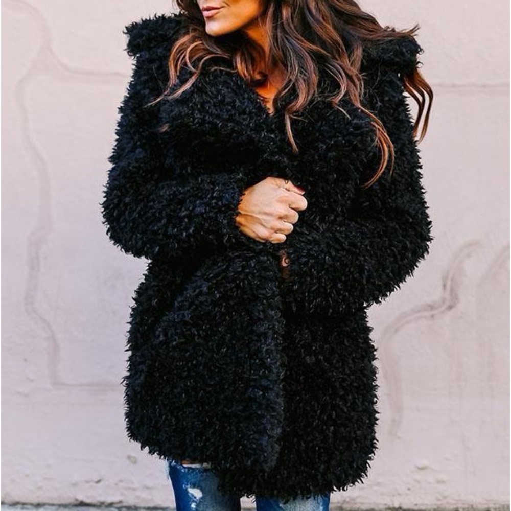 Black fuzzy shaggy warm Faux fur teddy pea coat contemporary